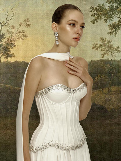Crystal-Trimmed Corset Gown with Draped Scarf - White