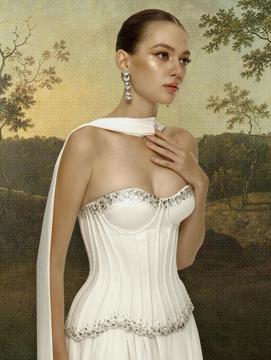 Crystal-Trimmed Corset Gown with Draped Scarf - White
