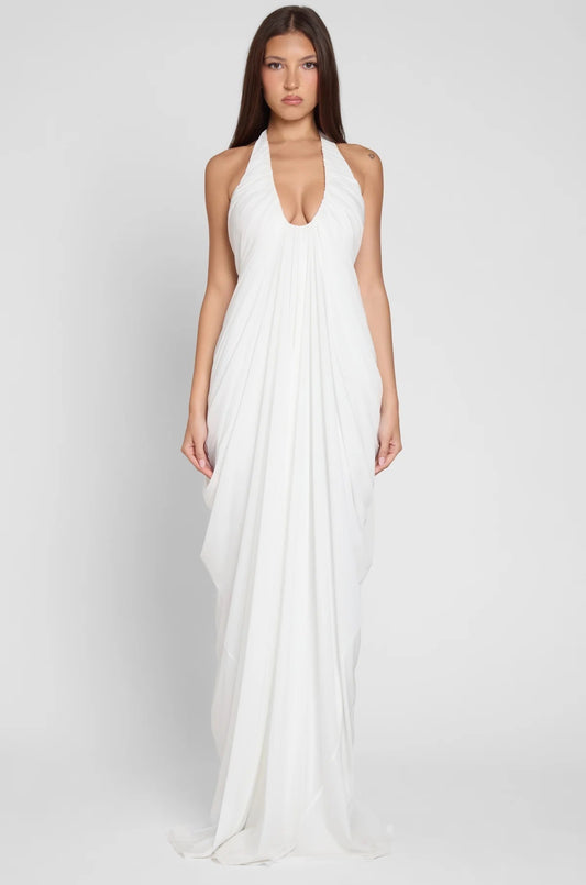 Thalia Draped Halter Maxi Gown with Plunging Neckline