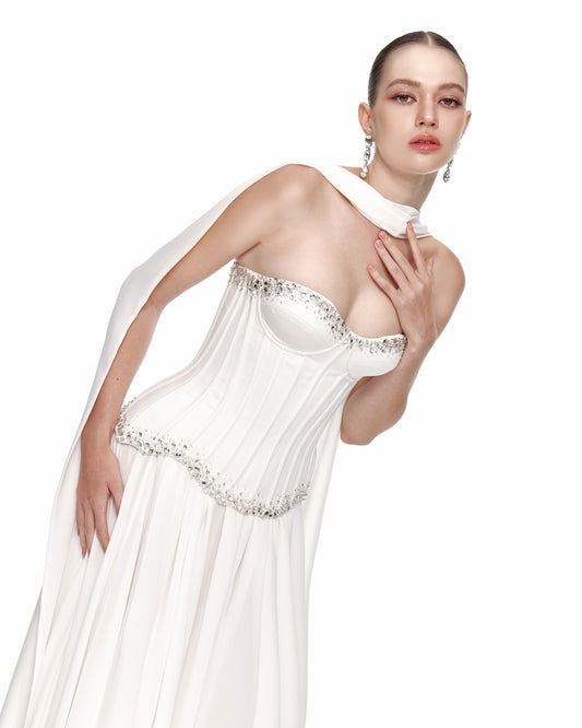 Crystal-Trimmed Corset Gown with Draped Scarf - White