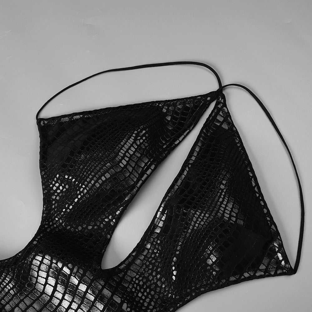 Black Croc-Embossed Cutout Halter Gown