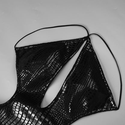 Black Croc-Embossed Cutout Halter Gown