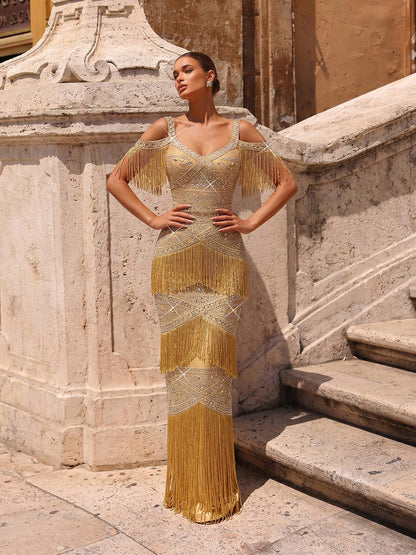 Crystal-Embellished Tiered Fringe Gown - Radiant Gold