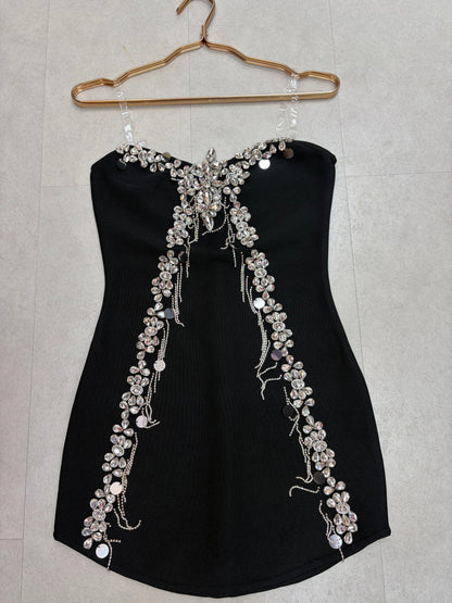 Crystal-Encrusted Sculptural Mini Dress - Onyx Black