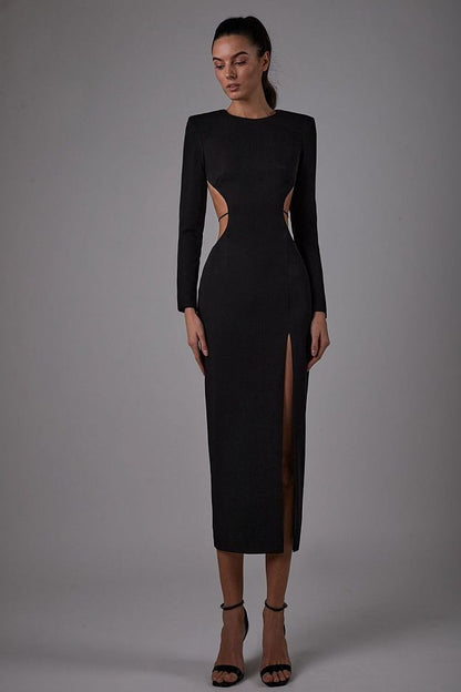 Obsidian Power Shoulder Cutout Midi Dress