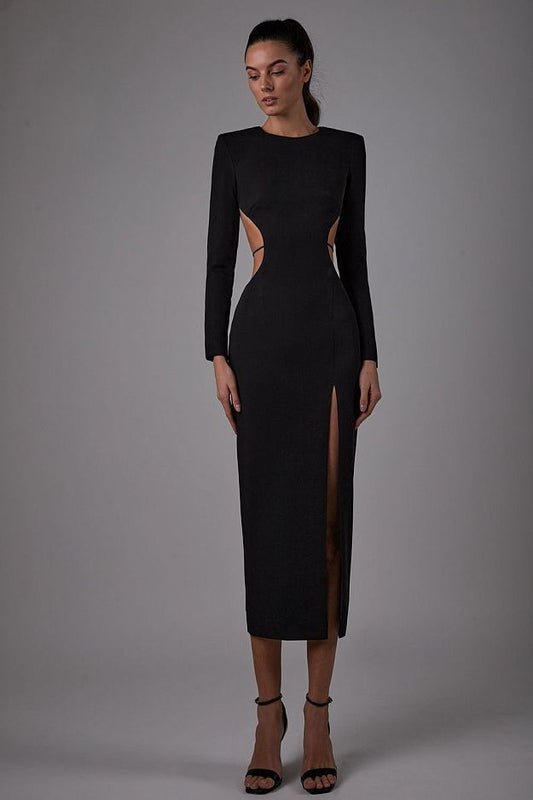 Obsidian Power Shoulder Cutout Midi Dress