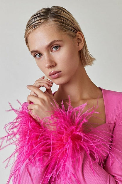 Hot Pink Glamour Feather Cuff Corset Mini Dress