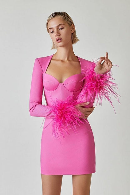 Hot Pink Glamour Feather Cuff Corset Mini Dress