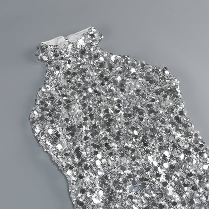 Metallic Paillette Sequin Halter Mini Dress - Silver