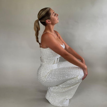 Luminous White Sequin Bustier Flared Jumpsuit