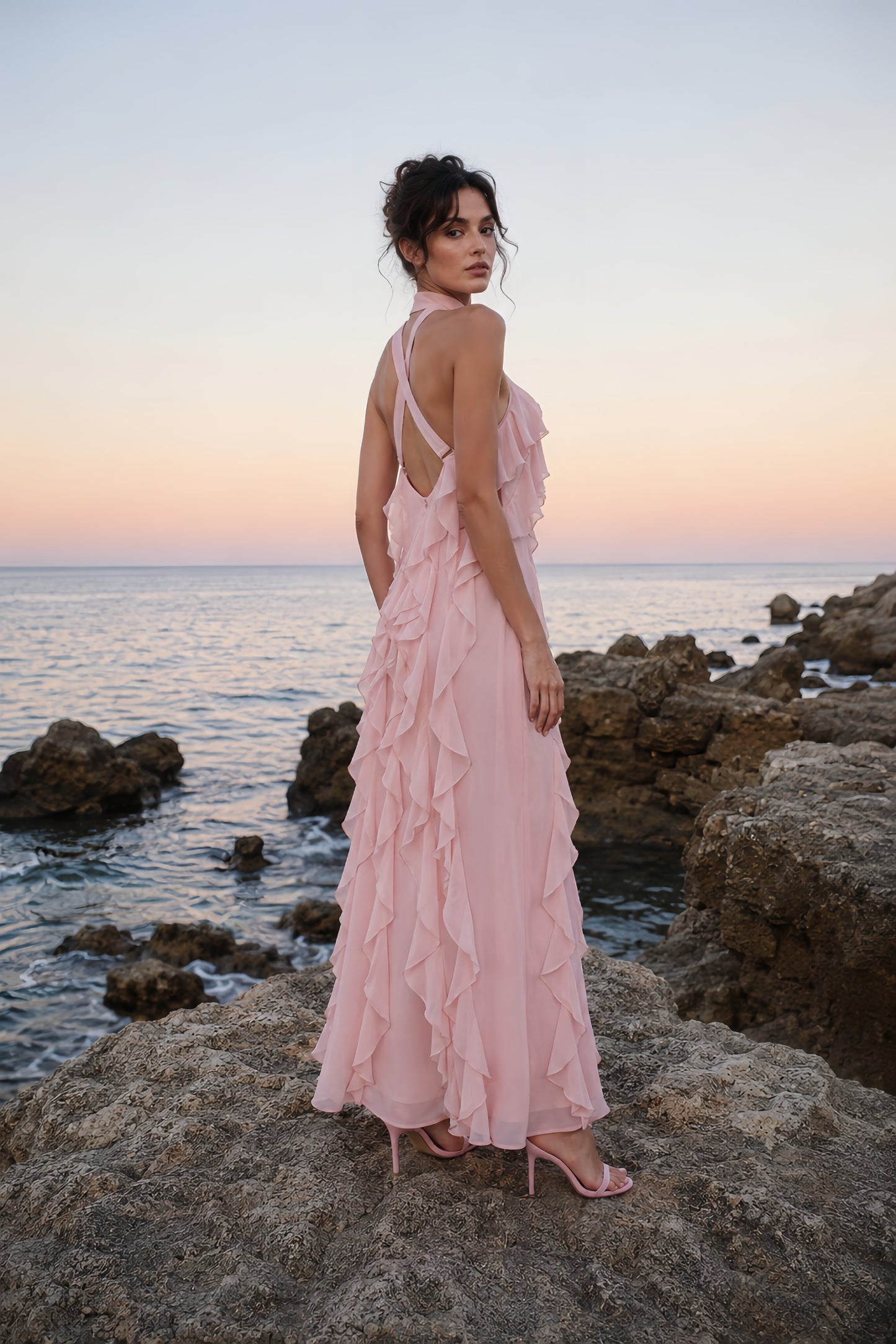 Cascading Ruffle Halter Maxi Dress - Blush Pink