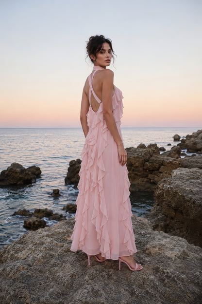 Cascading Ruffle Halter Maxi Dress - Blush Pink