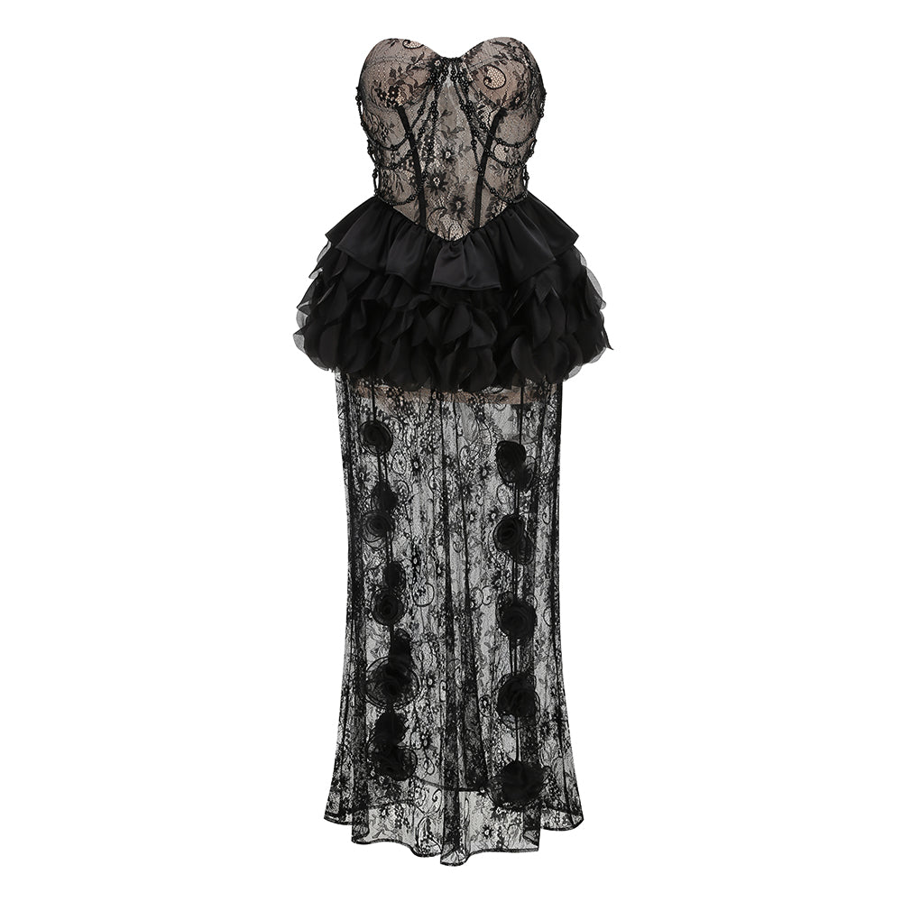 Dark Romance Sheer Lace Gown with 3D Rosettes