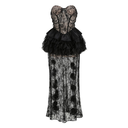Dark Romance Sheer Lace Gown with 3D Rosettes