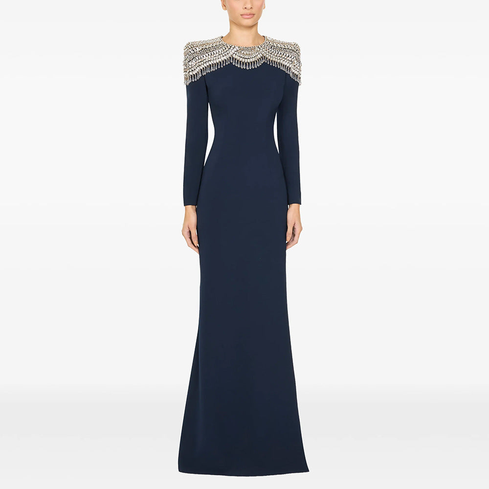 Embellished Epaulet Long-Sleeve Column Gown - Midnight Navy