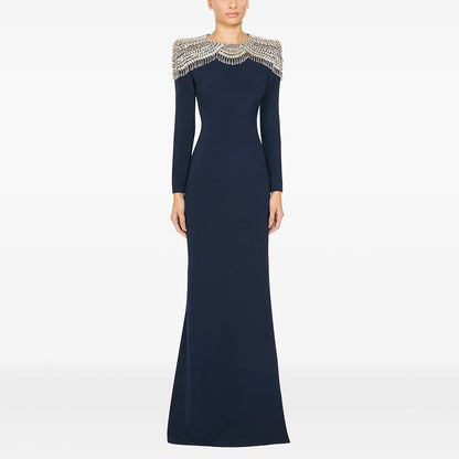 Embellished Epaulet Long-Sleeve Column Gown - Midnight Navy