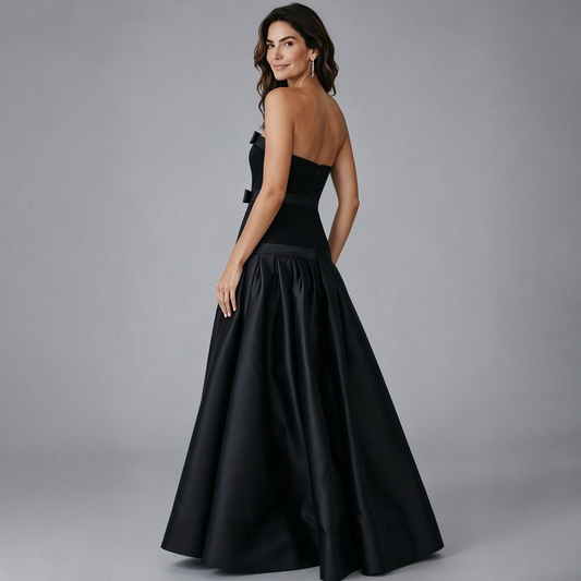 Elegant Black Strapless Gown with Voluminous Satin Skirt