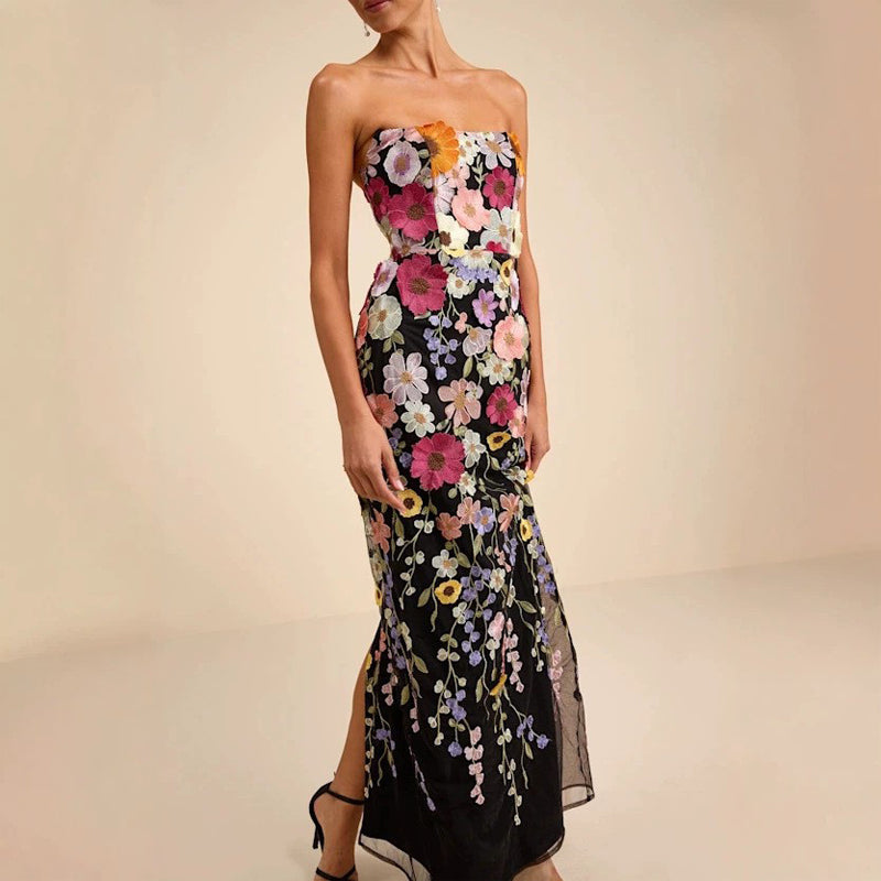 Enchanting Floral Embroidered Strapless Column Gown