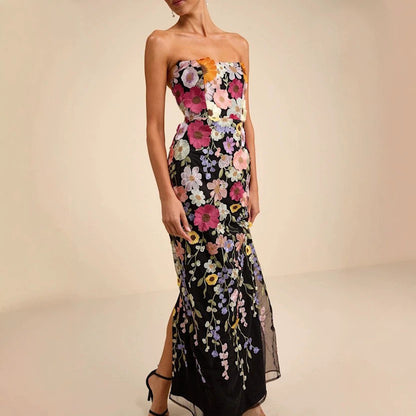 Enchanting Floral Embroidered Strapless Column Gown