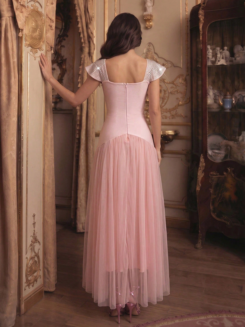 Crystal-Embellished Drop Waist Tulle Gown - Blush Pink