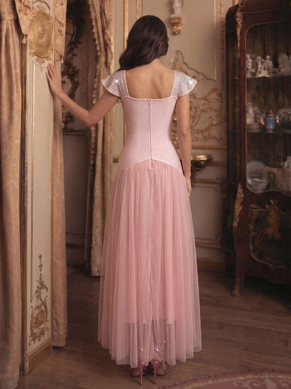 Crystal-Embellished Drop Waist Tulle Gown - Blush Pink