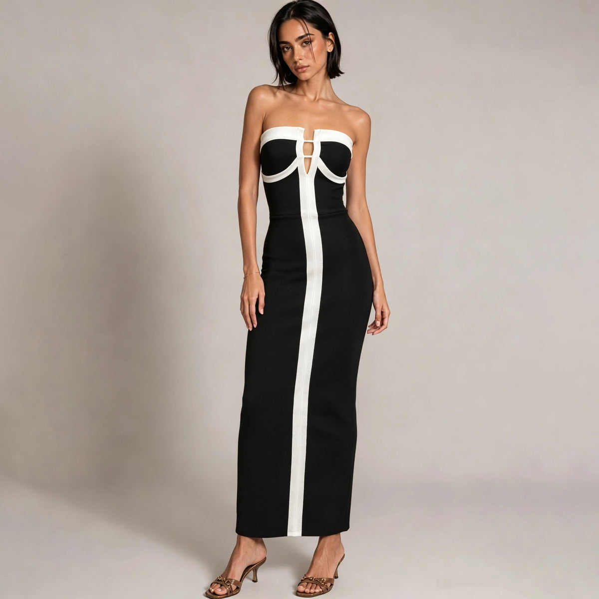 Black and White Strapless Bodycon Evening Gown