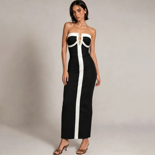 Black and White Strapless Bodycon Evening Gown