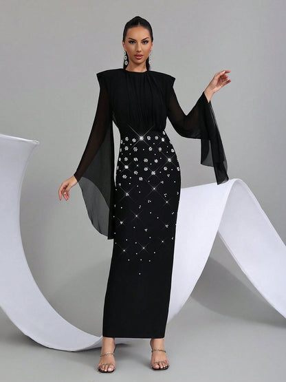 Midnight Starlight Crystal Sheer Sleeve Gown