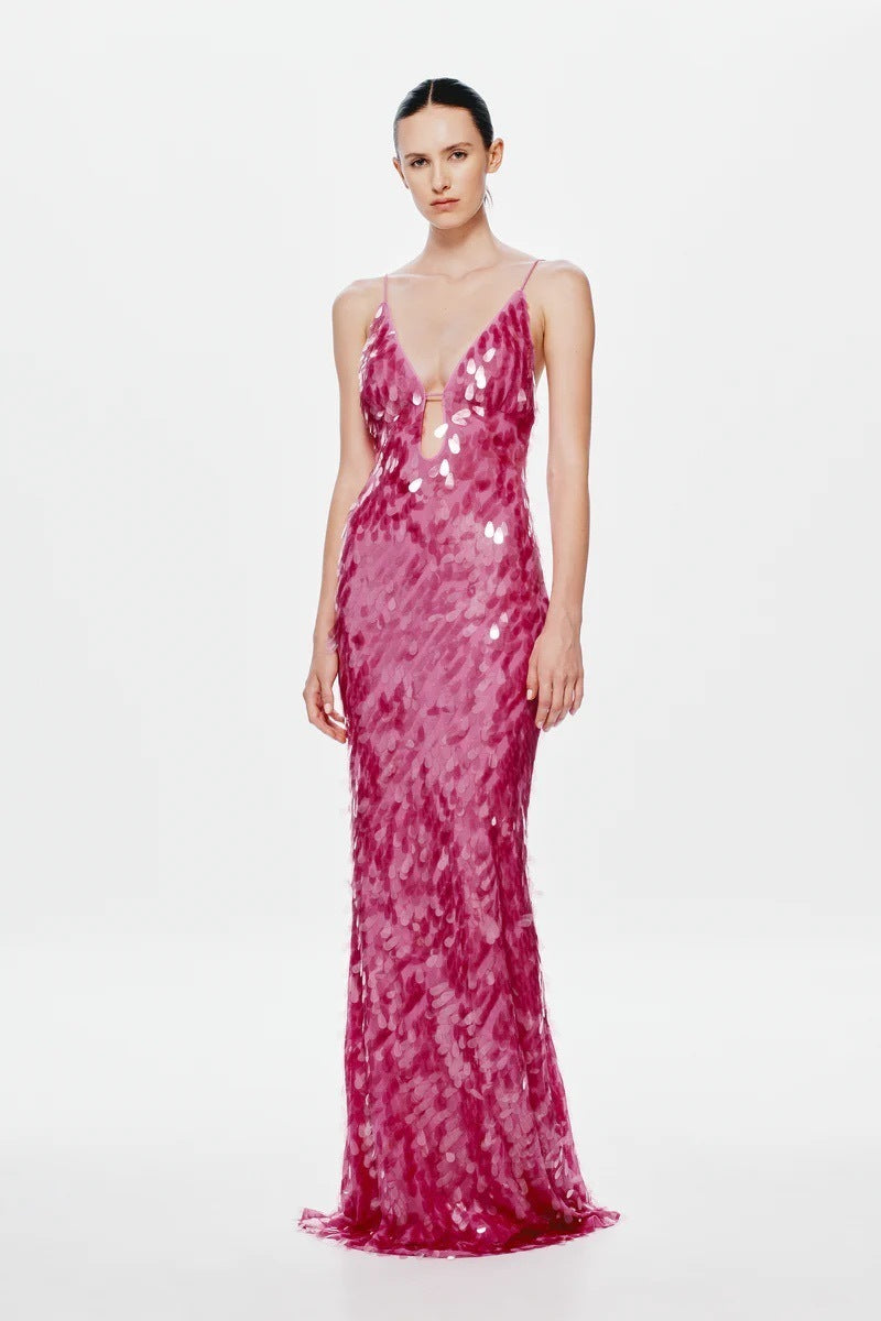Ember Sequin Floor-Length Gown with Plunging Keyhole Neckline