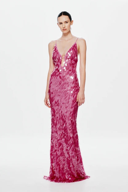Ember Sequin Floor-Length Gown with Plunging Keyhole Neckline