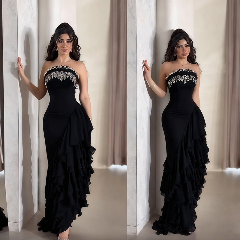 Sophisticated Strapless Evening Gown with Embellished Bodice and Cascading Ruffles