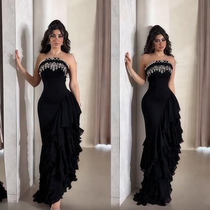 Sophisticated Strapless Evening Gown with Embellished Bodice and Cascading Ruffles
