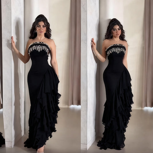 Sophisticated Strapless Evening Gown with Embellished Bodice and Cascading Ruffles