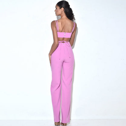 Vibrant Pink Mesh Cutout Wide-Leg Jumpsuit