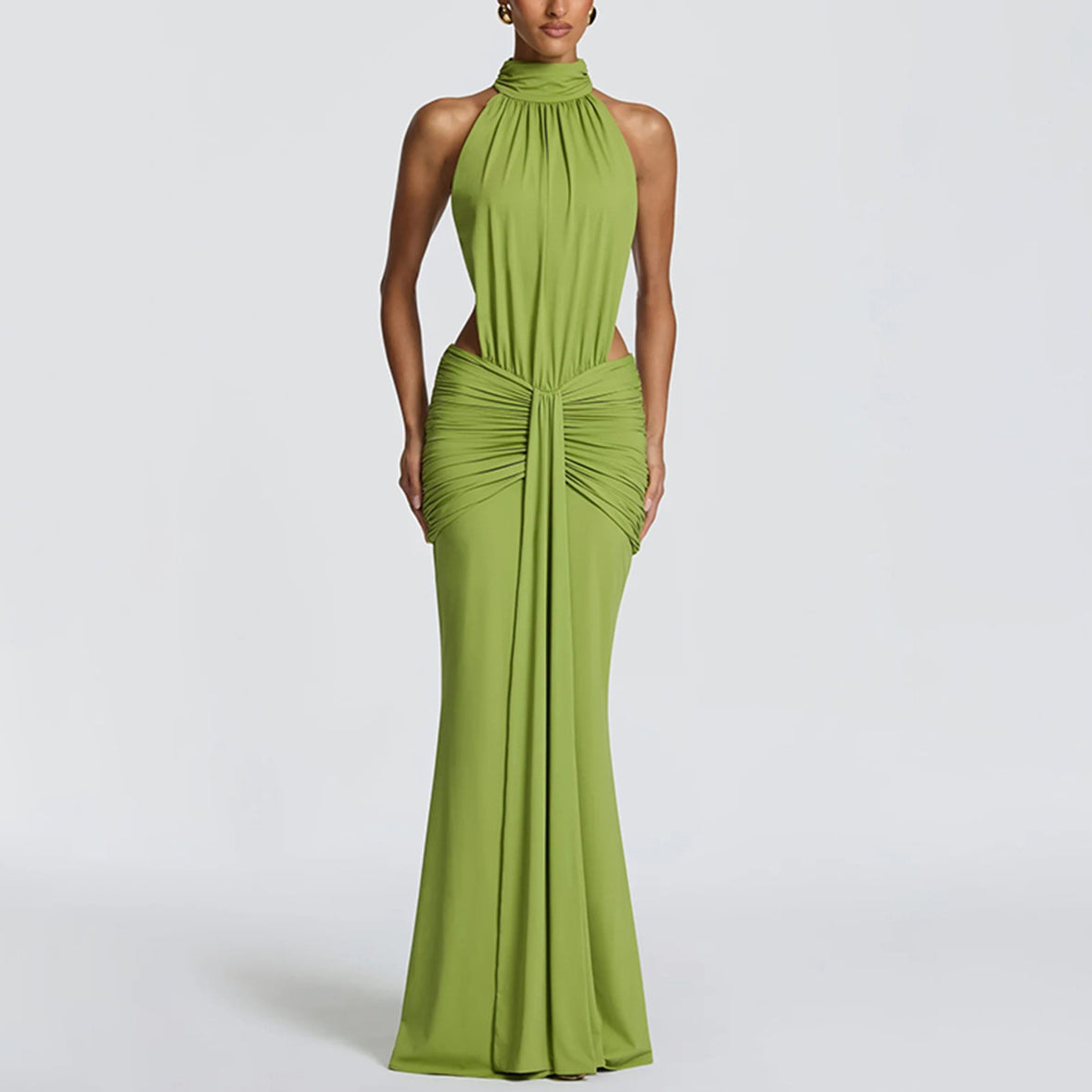 Elegant High-Neck Cutout Ruched Maxi Dress - Lime Green