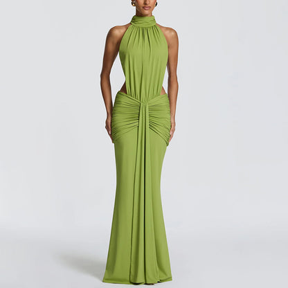 Elegant High-Neck Cutout Ruched Maxi Dress - Lime Green