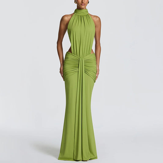 Elegant High-Neck Cutout Ruched Maxi Dress - Lime Green
