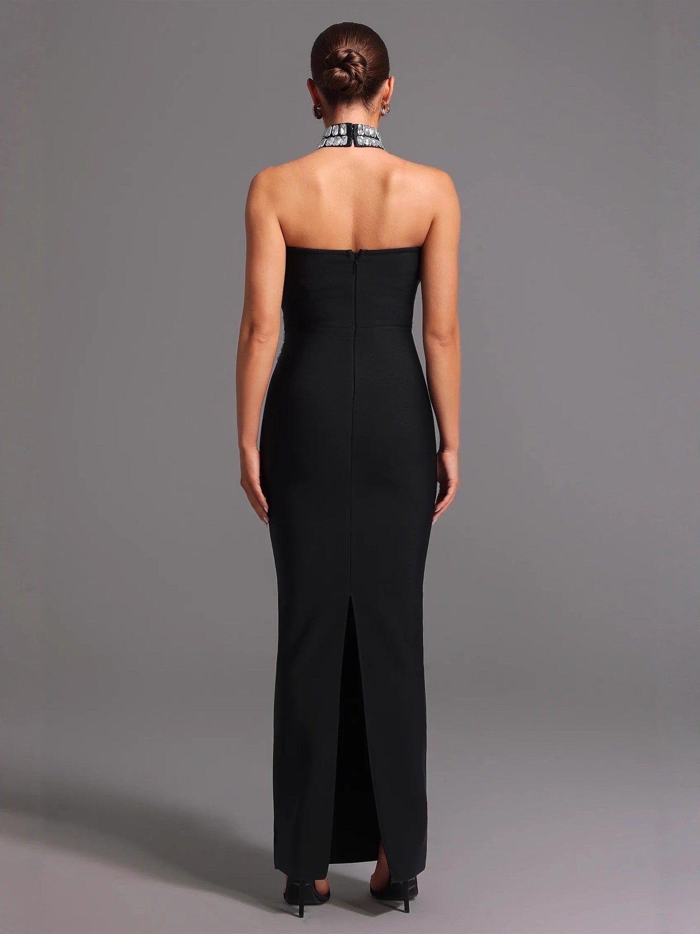 Sophisticated Crystal-Embellished Strapless Column Gown