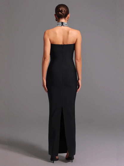 Sophisticated Crystal-Embellished Strapless Column Gown
