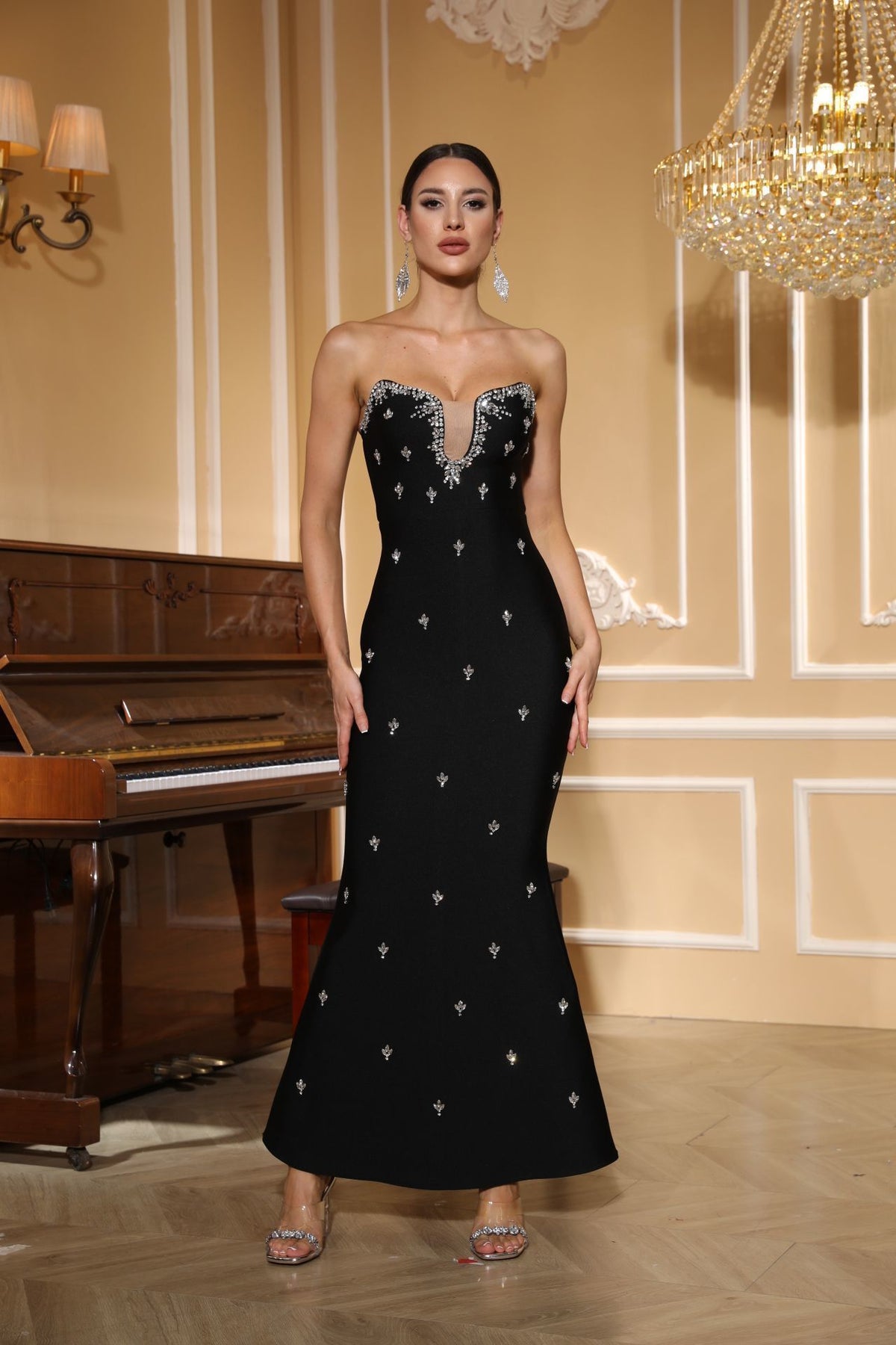 Strapless Sweetheart Crystal Embellished Black Evening Gown