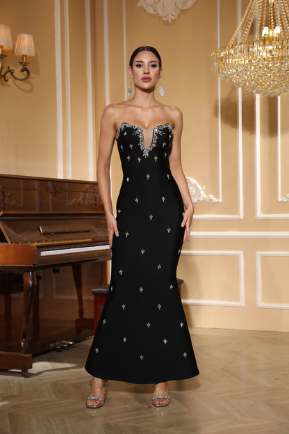 Strapless Sweetheart Crystal Embellished Black Evening Gown