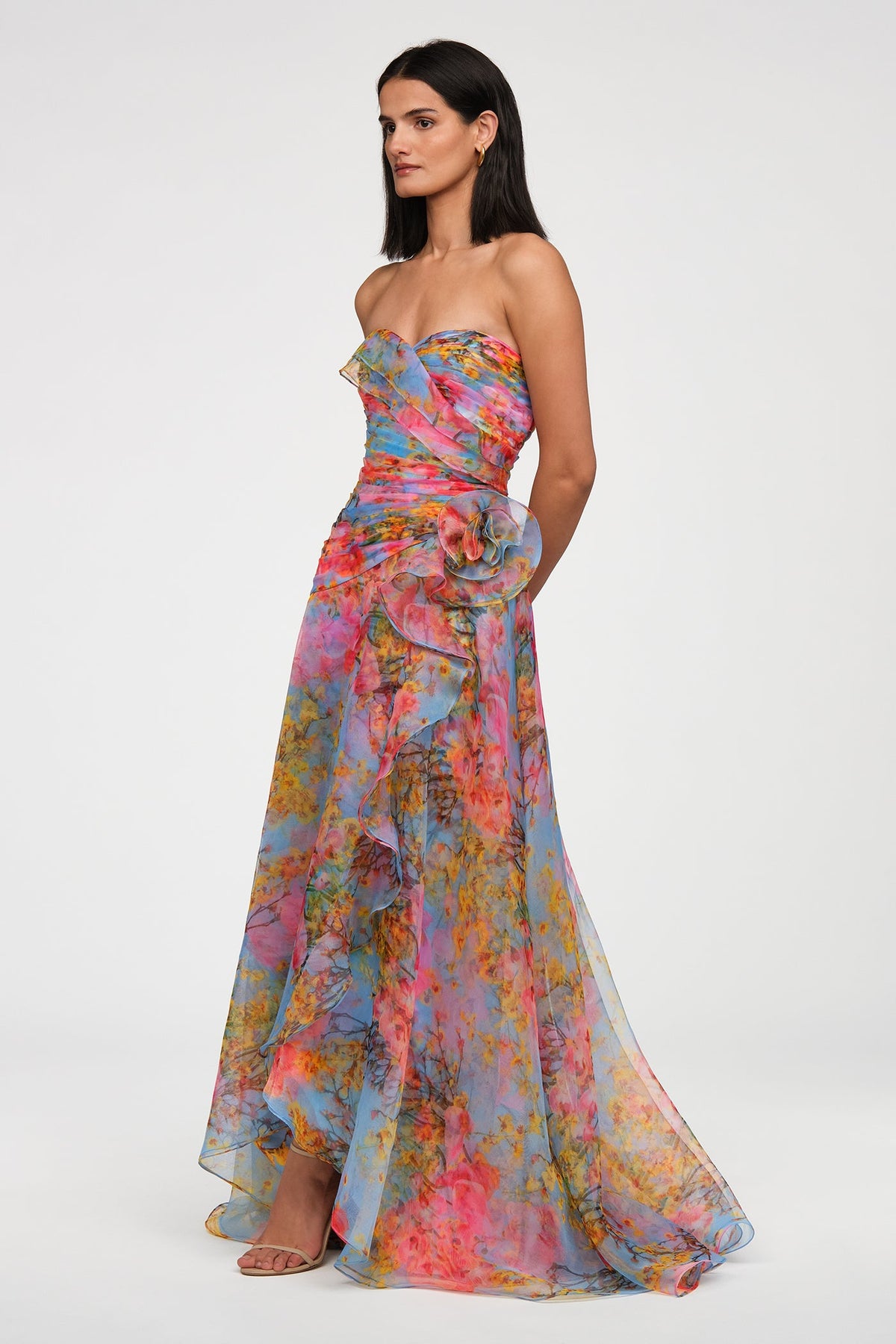 Draped Watercolor Floral Strapless Gown - Vibrant Bloom
