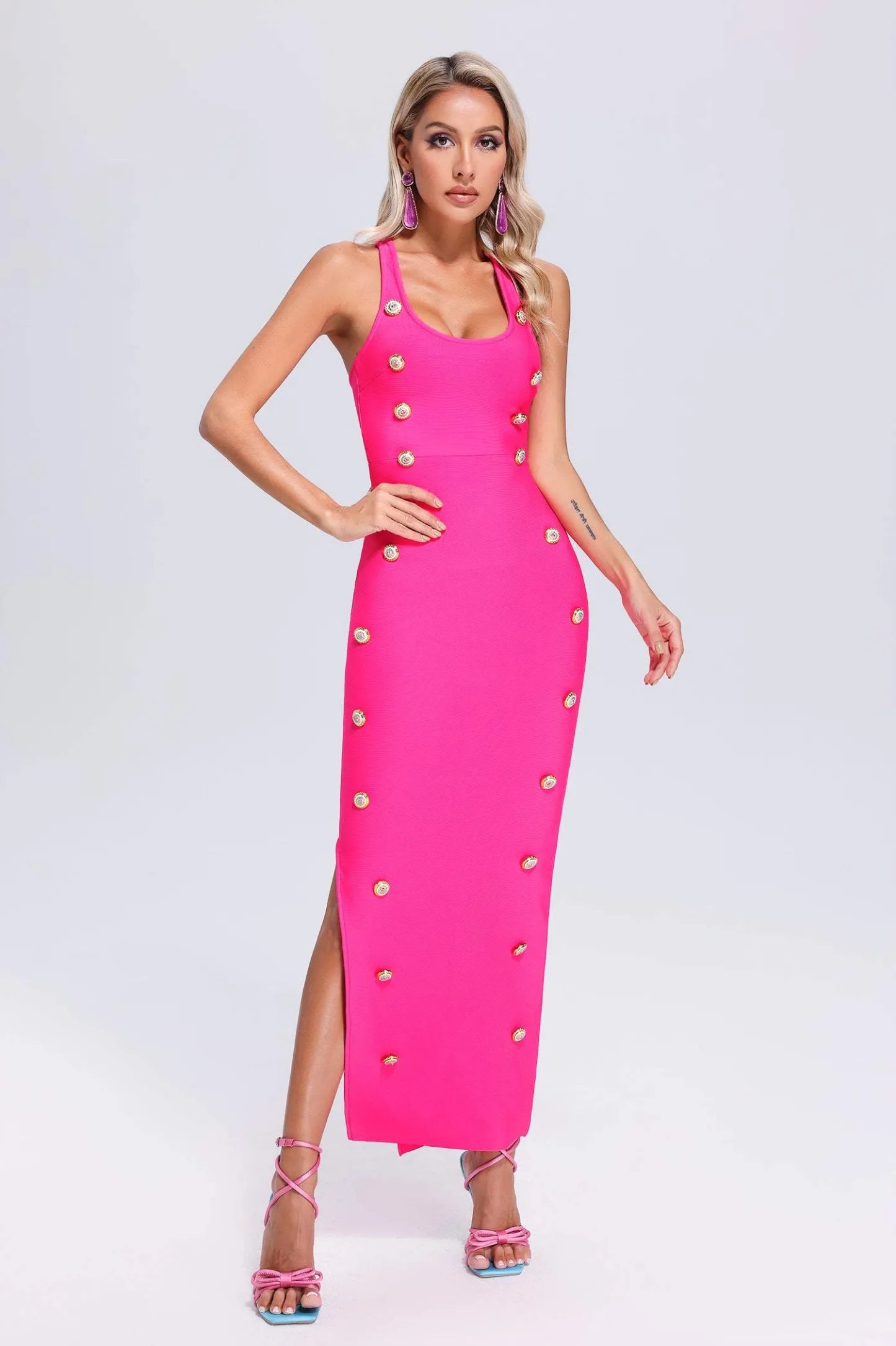 Hot Pink Bandage Midi Dress with Gold Buttons