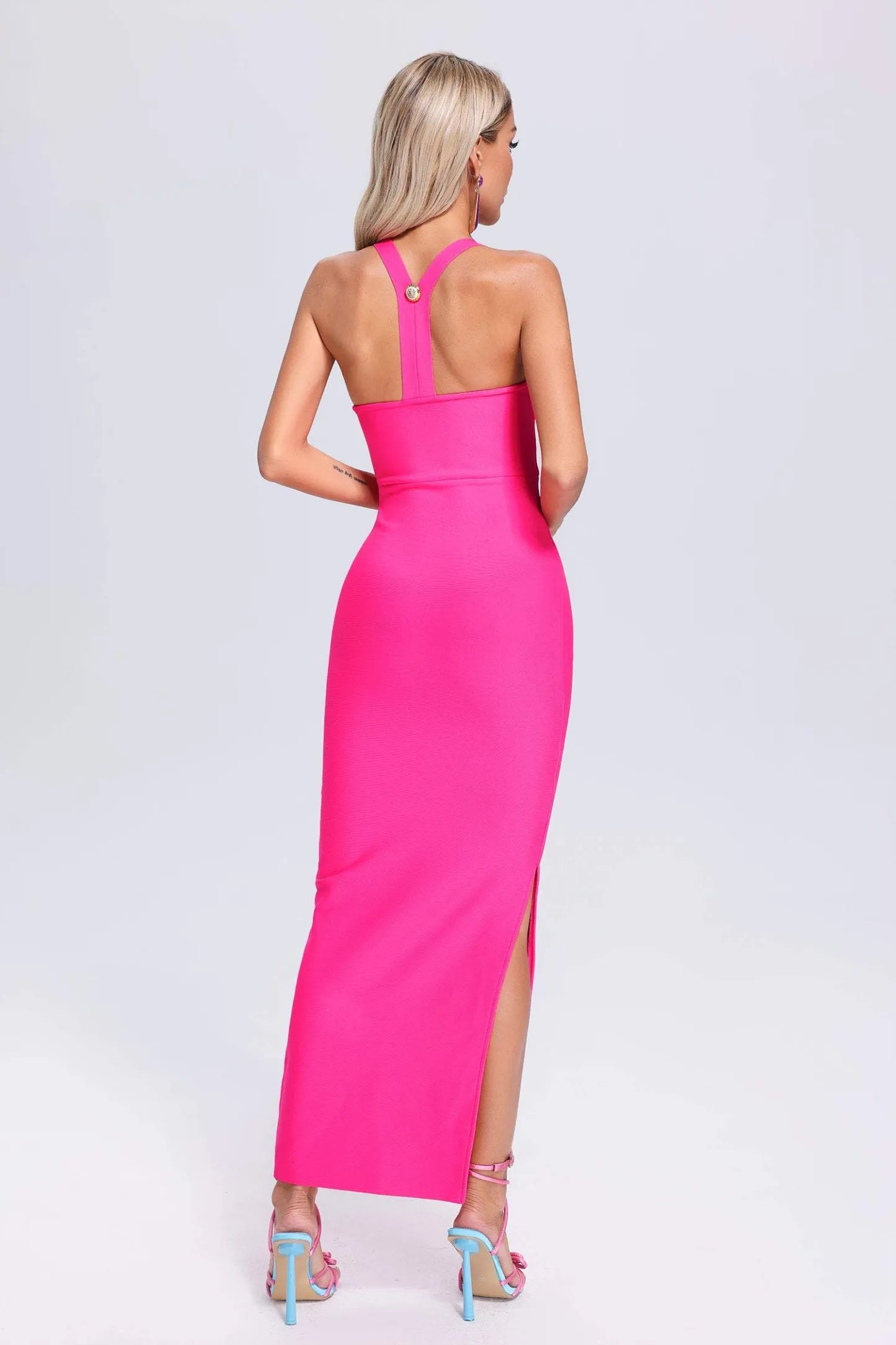 Hot Pink Bandage Midi Dress with Gold Buttons