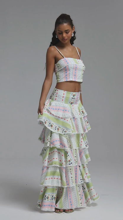 Folkloric Floral Tiered Maxi Skirt Set - Pastel Multi