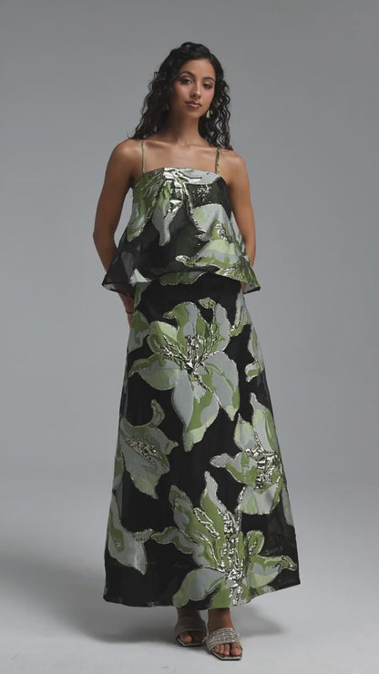 Metallic Floral Jacquard Popover Maxi Dress - Black & Green
