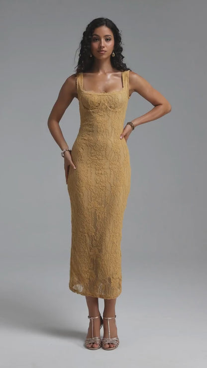 Floral Lace Bustier Midi Dress - Mustard Yellow