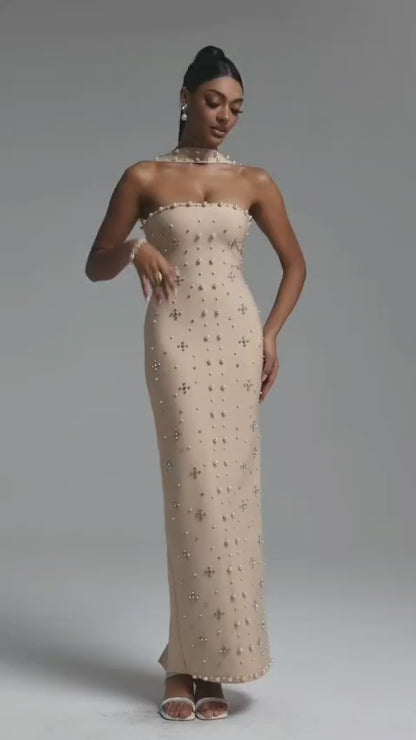 Pearl & Crystal Embellished Strapless Column Gown with Choker - Champagne