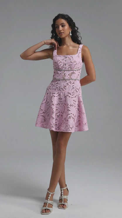 Crystal-Trimmed Floral Lace Mini Dress - Pink