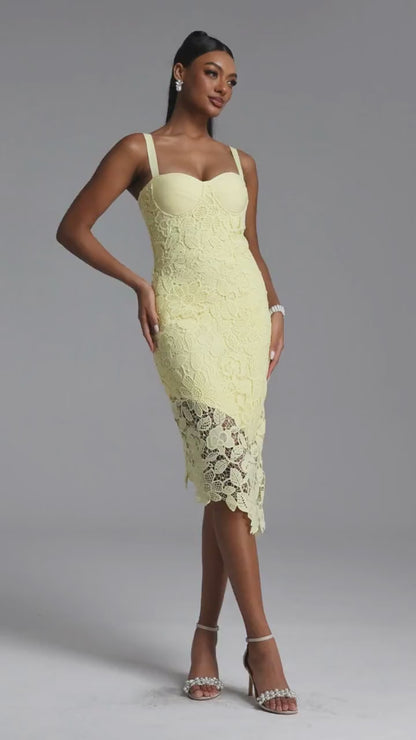 Radiant Yellow Lace Asymmetrical Midi Dress